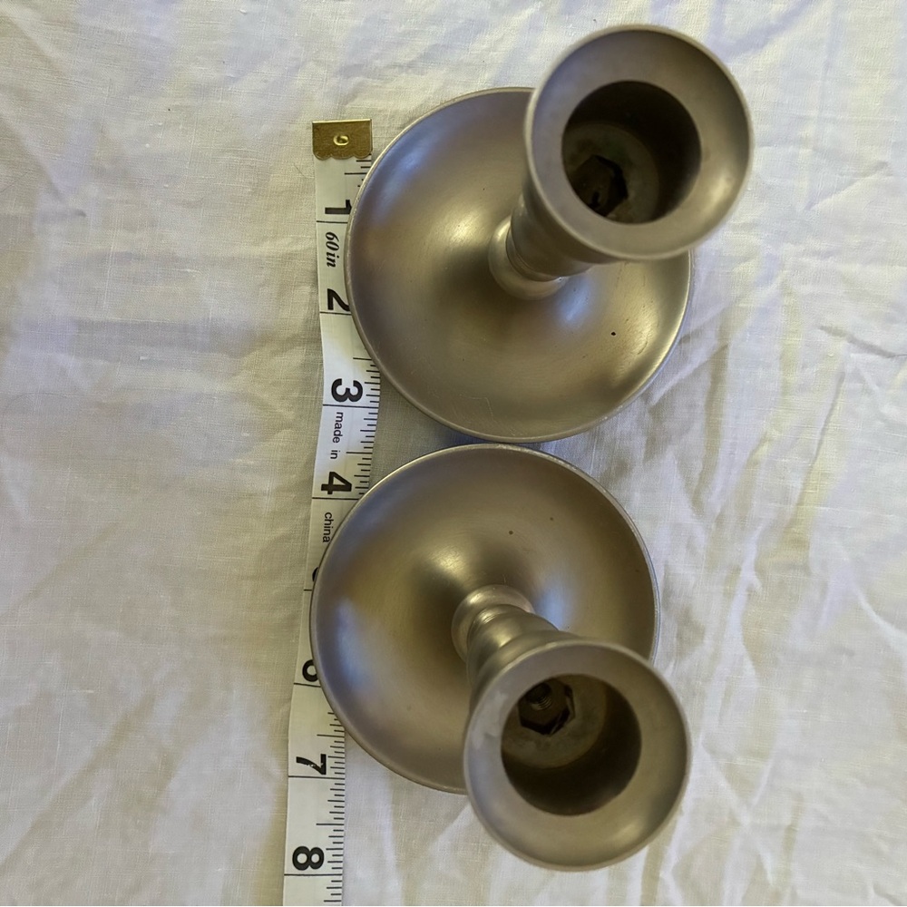 VINTAGE BALDWIN CONSOLE SAUCER CANDLESTICK HOLDERS BRUSHED NICKEL SET 2